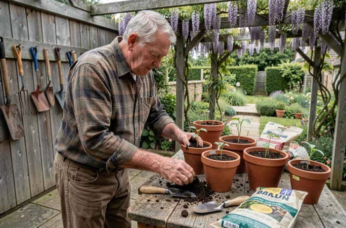 Homme âgé rempotant des plants de fleurs sur un établi en bois rustique sous une pergola fleurie de wisteria dans un jardin de campagne