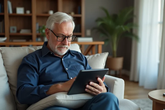 Homme senior utilisant une tablette posée sur ses genoux pour accéder à son compte en ligne depuis son salon