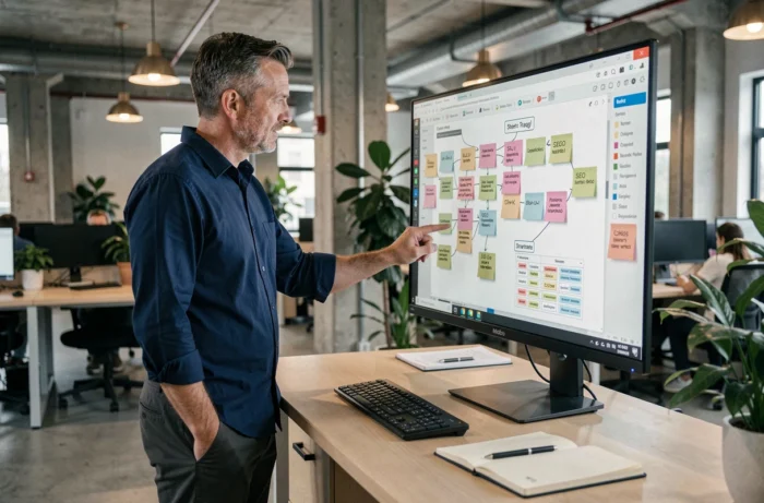 Homme d'affaires présentant une stratégie de contenu et d'outils SEO dans un espace de coworking