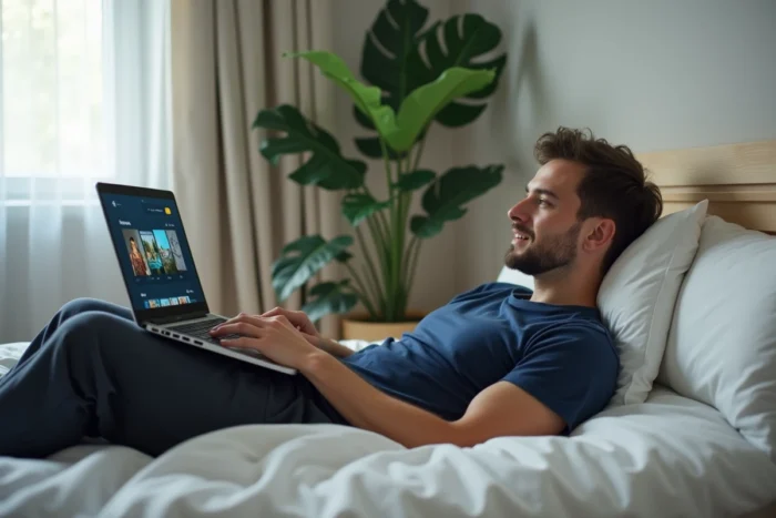 Homme parcourant une plateforme de streaming sur son ordinateur portable dans sa chambre