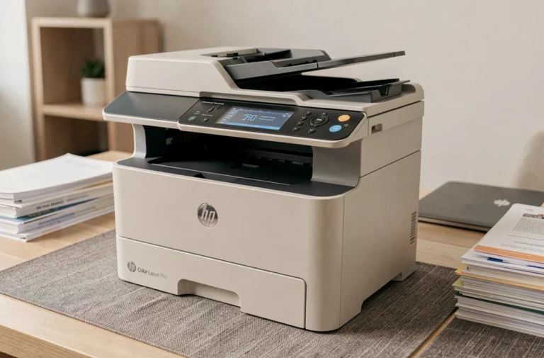 Imprimante multifonction HP Color LaserJet Pro MFP M280nw posée sur un bureau moderne avec documents et ordinateur portable