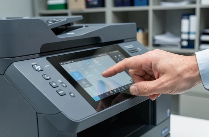 Gros plan sur le panneau de commande tactile de l'imprimante HP Color LaserJet Pro MFP M280nw lors d'une utilisation en bureau