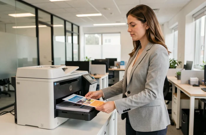 Femme professionnelle récupérant des impressions couleur sur l'imprimante HP Color LaserJet Pro MFP M280nw dans un bureau open space