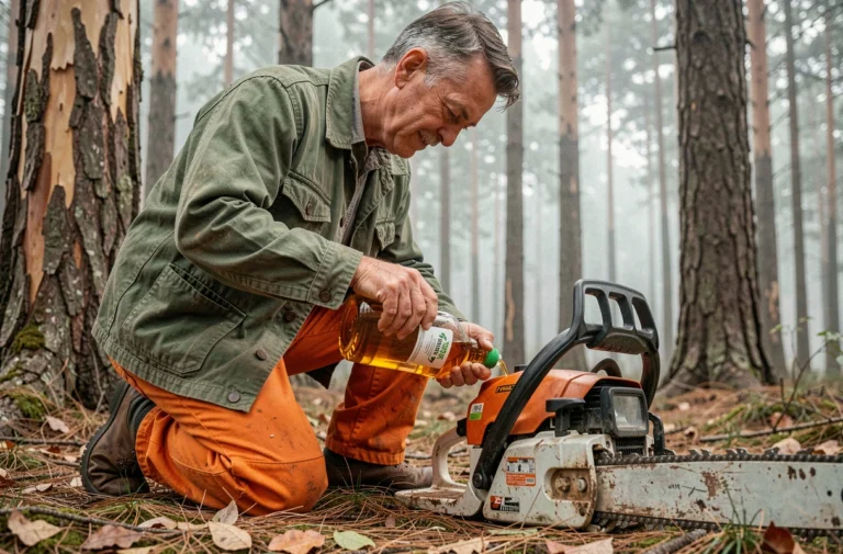 Forestier versant de l'huile de chaîne écologique bio-dégradable dans une tronçonneuse en forêt