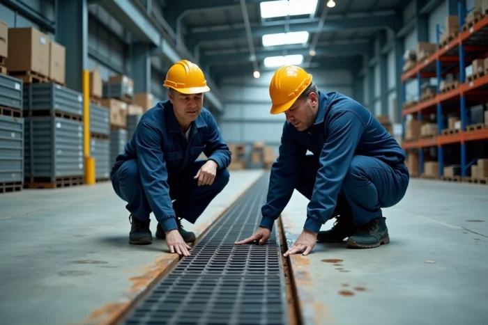 Deux techniciens inspectant une grille de protection en acier installée sur un canal de drainage dans un entrepôt industriel