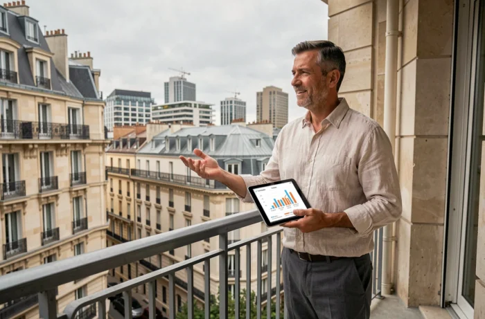 Investisseur immobilier masculin debout sur le balcon d'un immeuble rénové avec une tablette affichant des graphiques de rentabilité et la skyline urbaine en arrière-plan