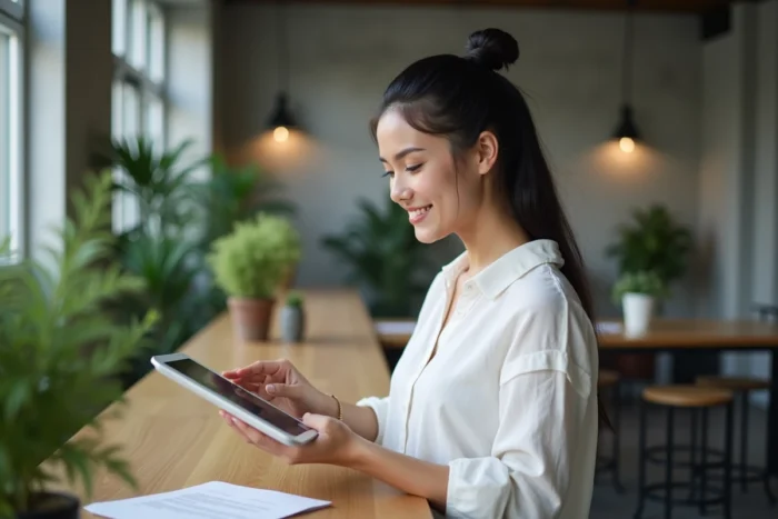 Jeune femme consultant son compte sur tablette dans un espace de coworking moderne