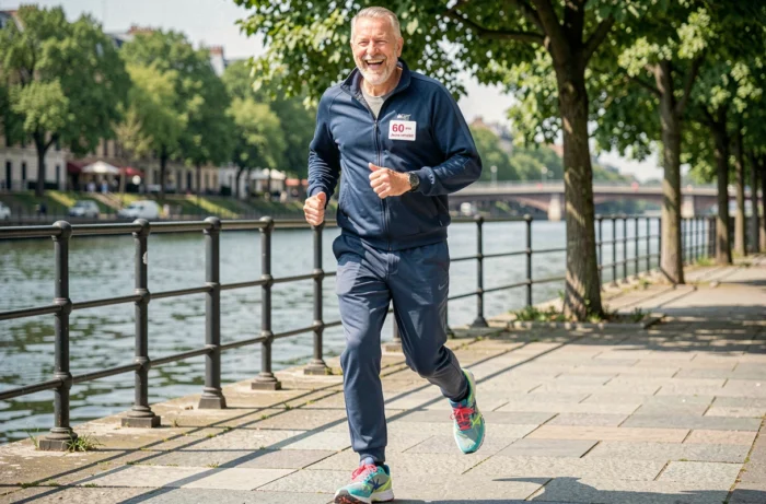 Homme de 60 ans énergique en baskets colorées jogging sur un chemin fluvial avec un badge anniversaire
