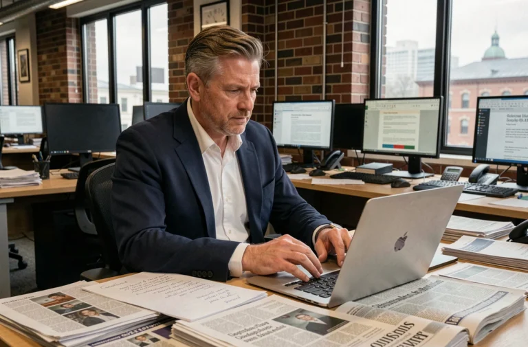 Journaliste en salle de rédaction consultant des journaux et un ordinateur portable pour les actualités de la semaine