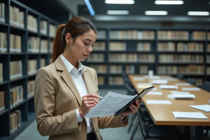 Journaliste vérifiant des sources imprimées et numériques dans une bibliothèque de recherche