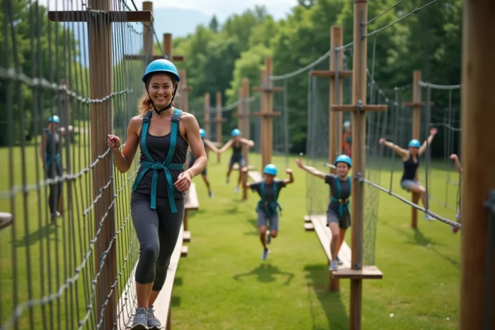 Groupe d'adultes pratiquant diverses activités sportives dans un parc outdoor lors d'une journée multisport