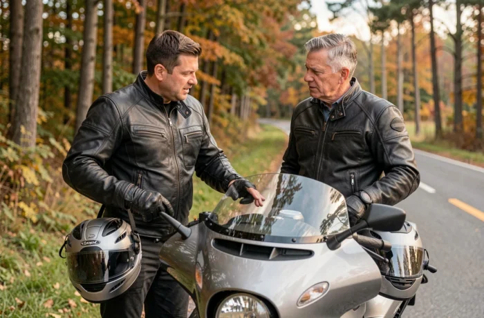 Deux motards en équipement sur une route de campagne lors d'une leçon de conduite moto en milieu réel