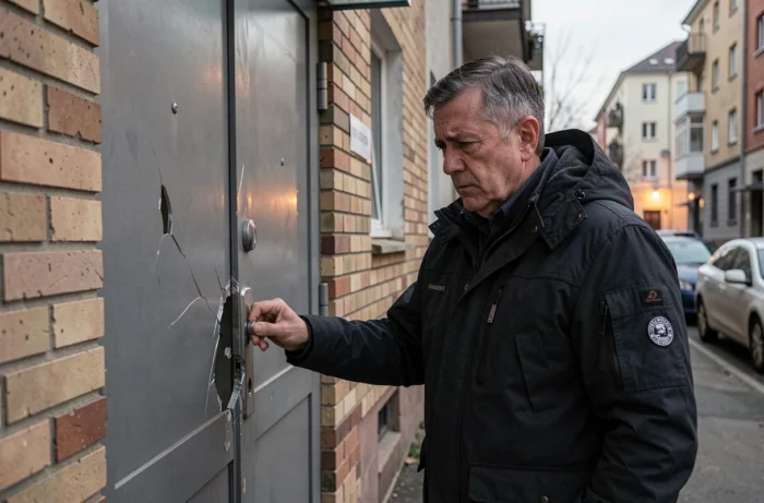 Locataire en urgence face à une porte d'immeuble défectueuse nécessitant un contact rapide avec Foncia