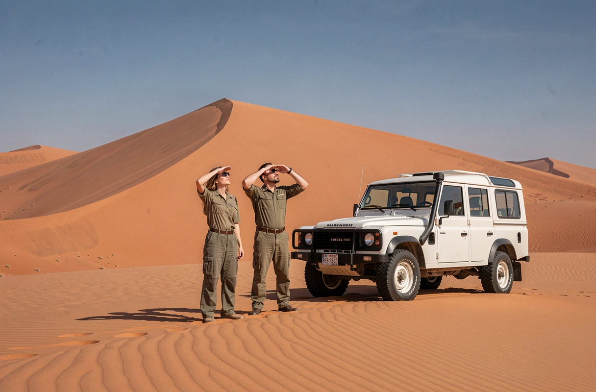 Couple in front of Namibia's red sand dunes during an adventure honeymoon