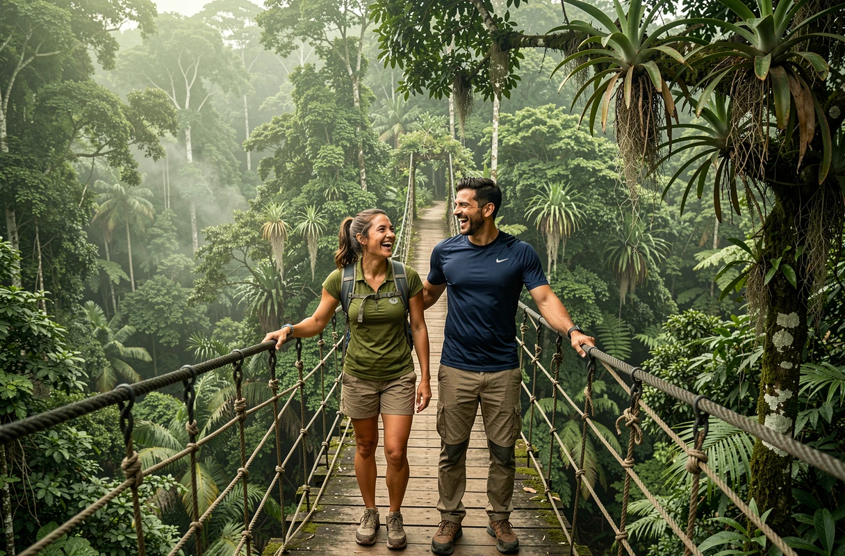 Couple crossing a suspension bridge over the tropical rainforest of Costa Rica
