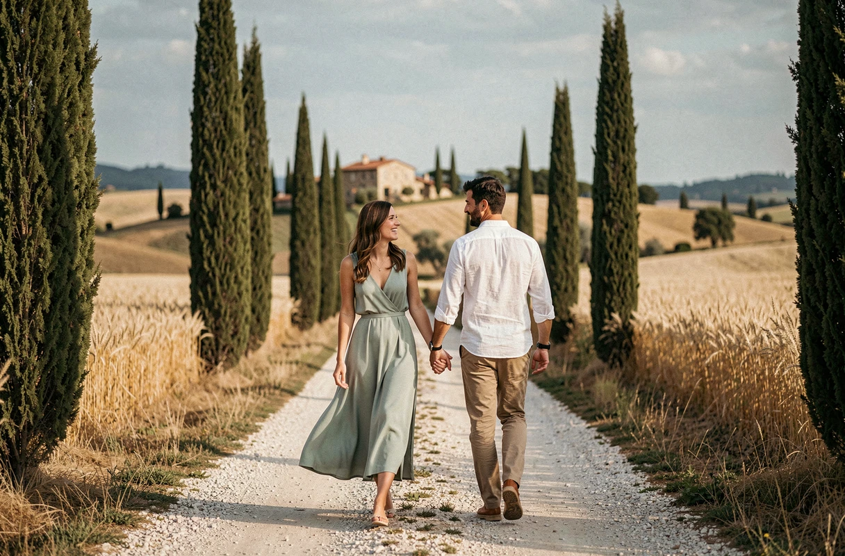 Married couple walking on a cypress-lined road in Tuscany, Italy
