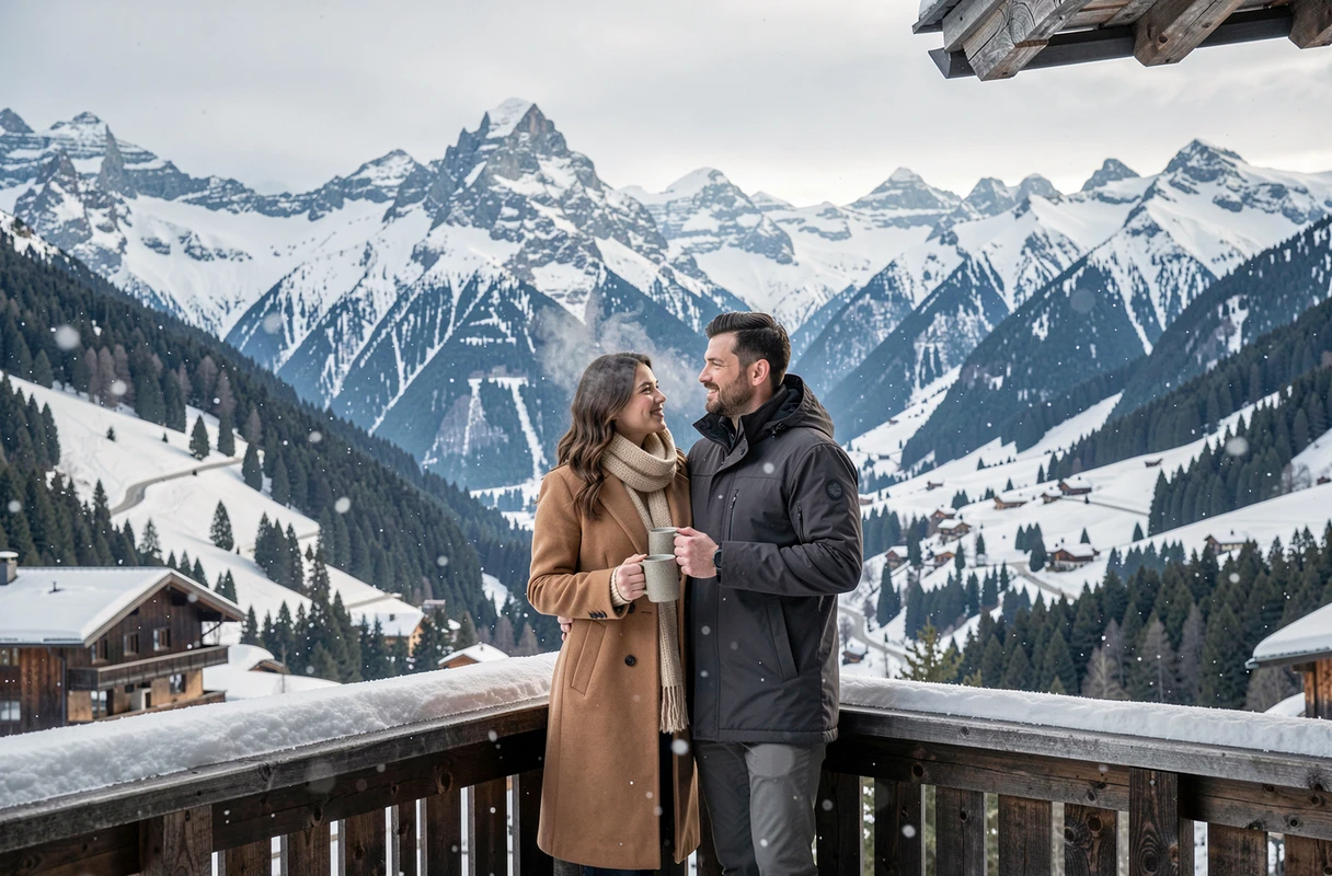 Couple on the terrace of a luxury chalet in the Swiss Alps with a view of the snow-capped peaks