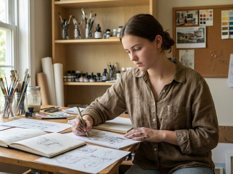 Jeune lycéenne passionnée de dessin travaillant sur une illustration architecturale dans son atelier d'art personnel