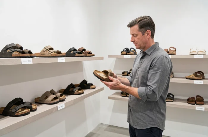 Store aisle displaying Birkenstock and Scholl sandals with a customer comparing models