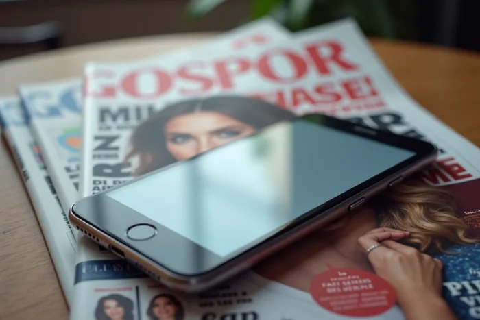Magazines people français et smartphone sur une table, illustrant les rumeurs médiatiques et la curiosité du public