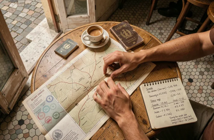 Mains de pèlerin consultant une carte topographique du GR 65 posée sur une table de café avec un carnet de notes, un passeport de pèlerin tamponné et un café