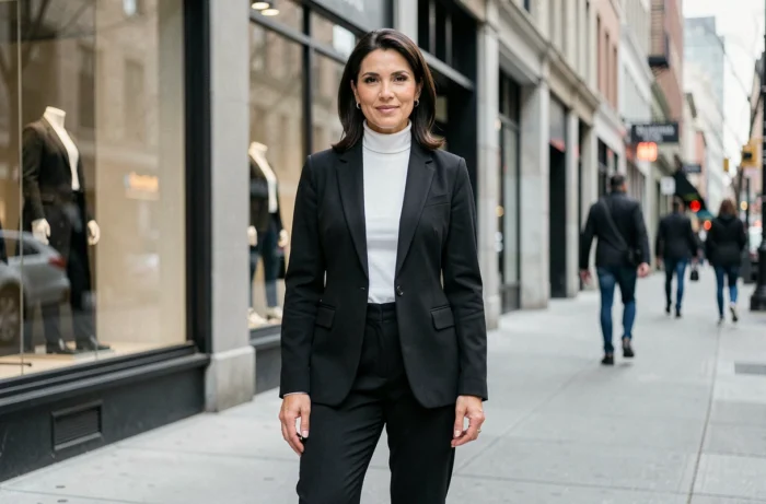 Mannequin femme dans la quarantaine en tenue élégante noire et blanche posant en extérieur urbain, illustration du parcours dans le monde de la mode