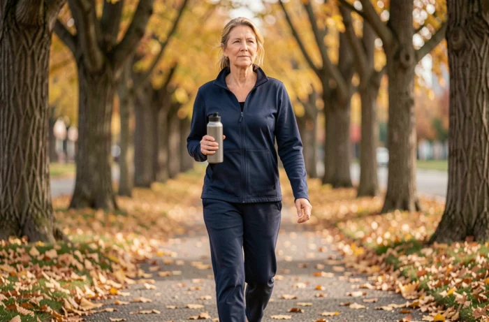 Femme marchant rapidement dans un parc urbain en automne avec une bouteille d'eau, illustrant une activité physique douce pour la santé