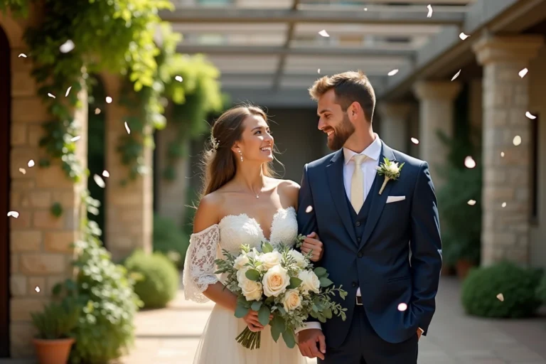 Mariés souriants dans un jardin fleuri lors d'une cérémonie de mariage élégante et personnalisée