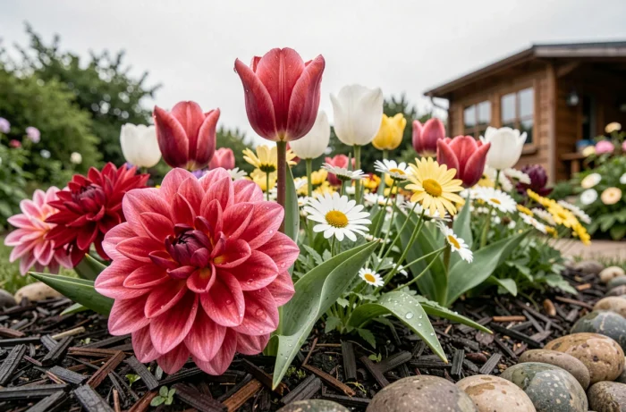 Massif de fleurs saisonnières en pleine floraison avec tulipes, dahlias et marguerites ornées de gouttes de rosée dans un jardin naturel