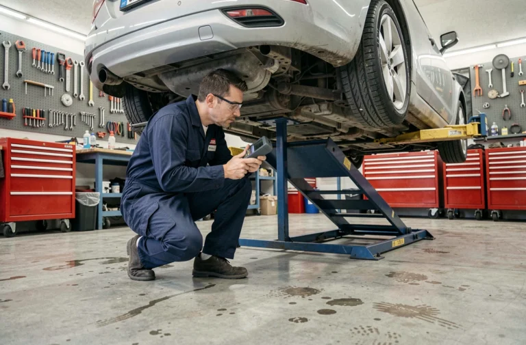 Mécanicien suisse en combinaison bleue inspectant le dessous d'une voiture dans un garage automobile professionnel