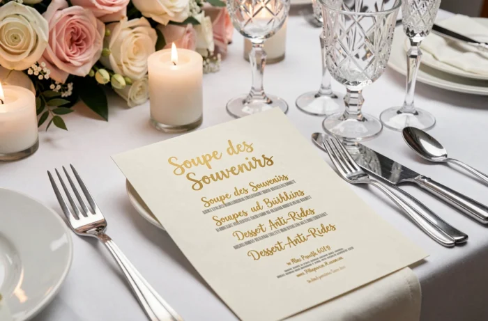 Gros plan d'un menu d'anniversaire humoristique pour une soirée de 60 ans avec des noms de plats amusants