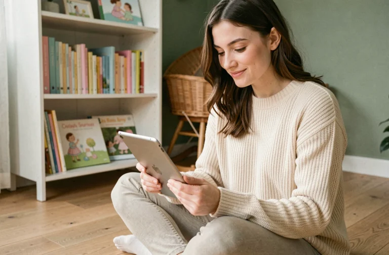 Jeune mère consultant un plan de site de puériculture sur une tablette dans un salon cosy avec des accessoires bébé en arrière-plan