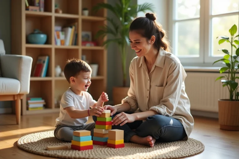 Mère et enfant en bas âge jouant avec des cubes en bois sur le sol d'un salon chaleureux, illustrant des conseils de parentalité bienveillante au quotidien