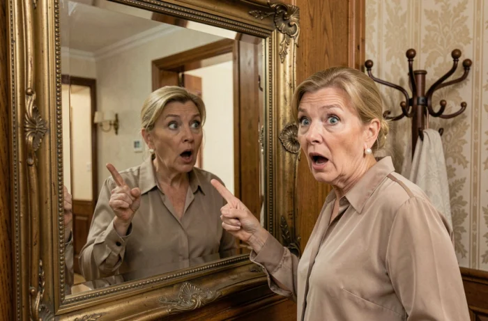 Femme de 60 ans avec une expression amusée et surprise devant un miroir mural élégant