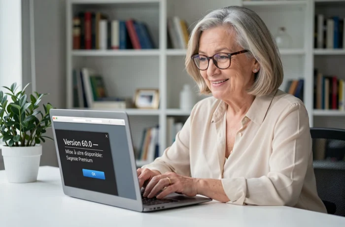 Femme de 60 ans souriante devant un écran d'ordinateur affichant une fausse mise à jour logicielle humoristique