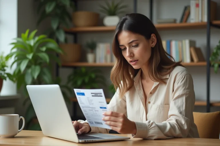 Femme consultant un billet de train SNCF et effectuant une modification de nom sur son ordinateur portable