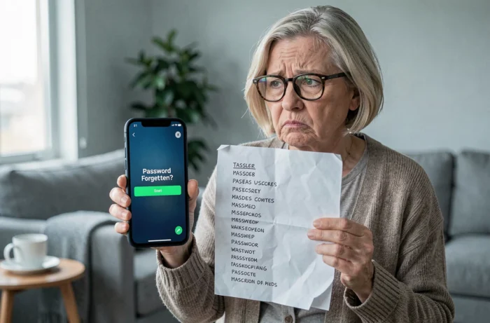 Femme de 60 ans perplexe tenant une longue liste de mots de passe devant son smartphone