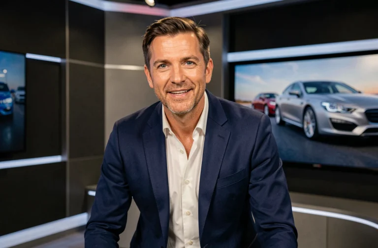 Nouveau présentateur de l'émission automobile Turbo sur M6 dans un studio de télévision moderne