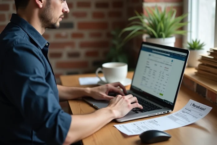 Entrepreneur en télétravail gérant ses factures sur ordinateur portable depuis son bureau à domicile