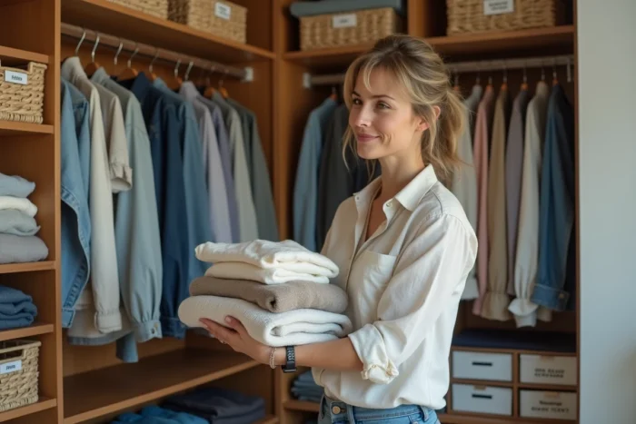 Femme adulte organisant des vêtements pliés dans un dressing familial bien rangé avec des étagères en bois et des paniers étiquetés