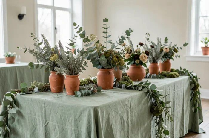 Table de baptême décorée dans une palette vert sauge et eucalyptus pour une ambiance nature douce et élégante