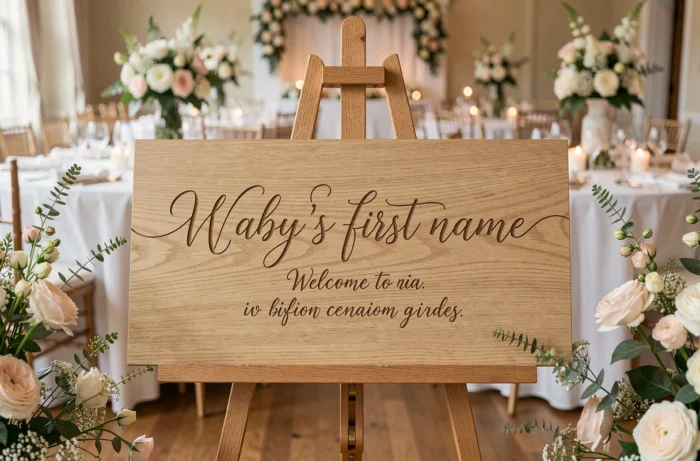 Panneau de bienvenue en bois personnalisé avec le prénom du bébé, posé sur un chevalet à l'entrée d'une salle de baptême