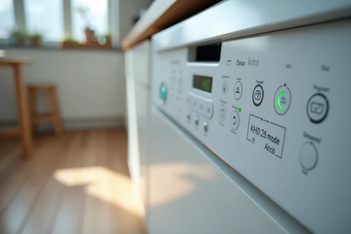 Close-up of the control panel of a dishwasher with eco mode activated to reduce kWh consumption