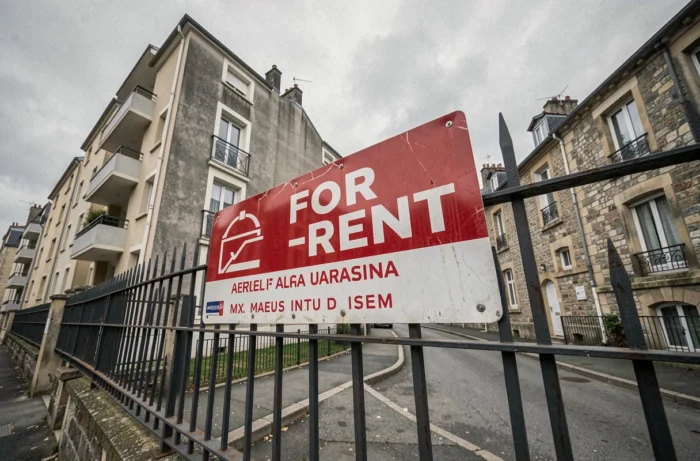Panneau de location immobilière sur un immeuble dans une ville française candidate à la zone tendue