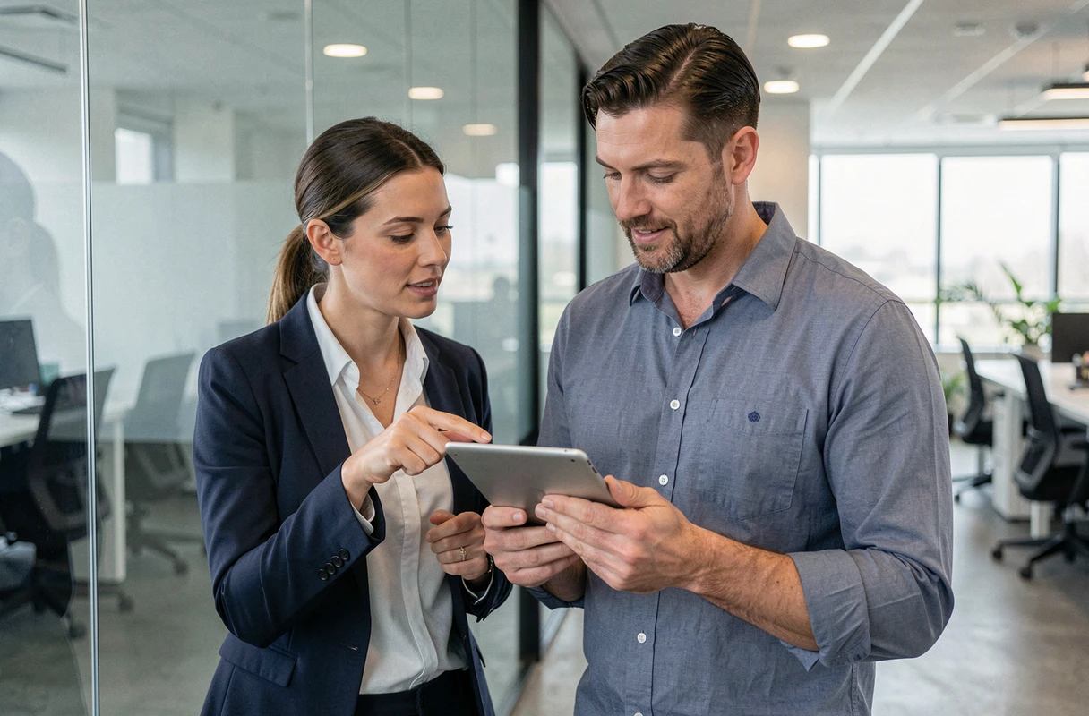 Two colleagues consulting administrative documents on a tablet in an office corridor during a professional transition