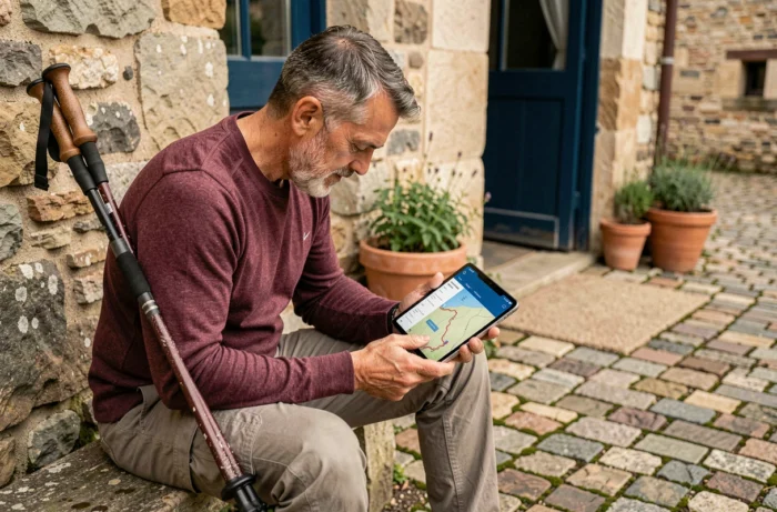 Pèlerin mature planifiant son itinéraire GR 65 sur une tablette numérique, assis devant un gîte d'étape en pierre avec des pavés et des pots en terre cuite