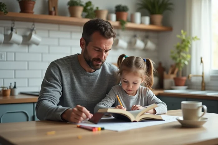 Père lisant un livre sur la parentalité à table pendant que sa fille dessine à ses côtés dans une cuisine moderne et lumineuse
