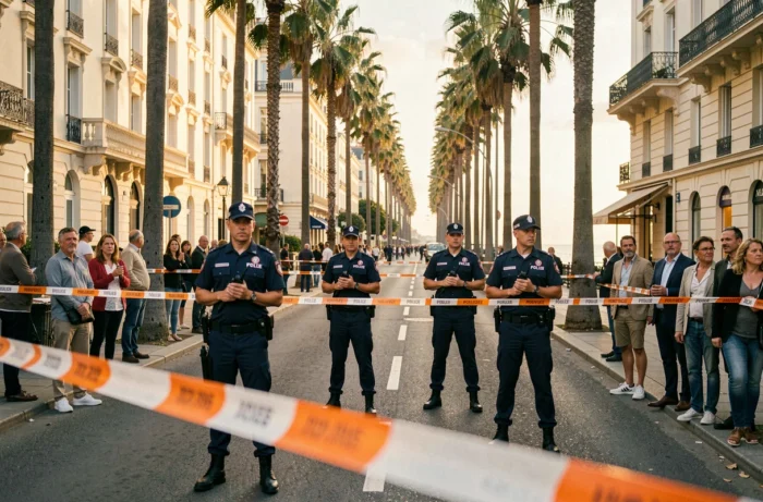 Périmètre de sécurité établi par la police sur un boulevard de Cannes lors d'une alerte à la bombe