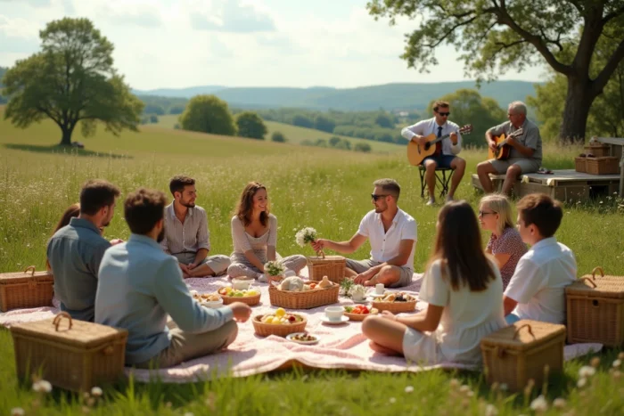Groupe de familles et d'amis lors d'un pique-nique scénarisé en plein air avec animation musicale acoustique dans une prairie