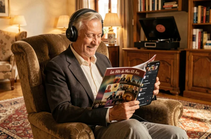Homme de 60 ans avec un casque audio souriant à une playlist nostalgique de ses décennies de souvenirs musicaux
